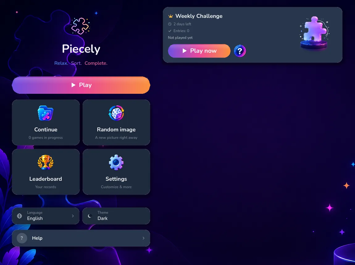 Piecely home screen with the weekly challenge